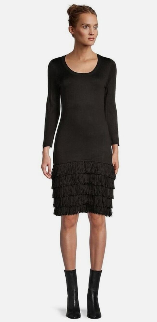 Calvin Klein Womens Scoop Neck Fringe Trim Sweater Dress Size Large Black New